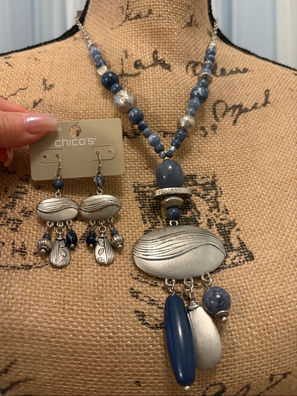 Chico's Silver & Blue Beaded Pendant Necklace with Matching Earrings